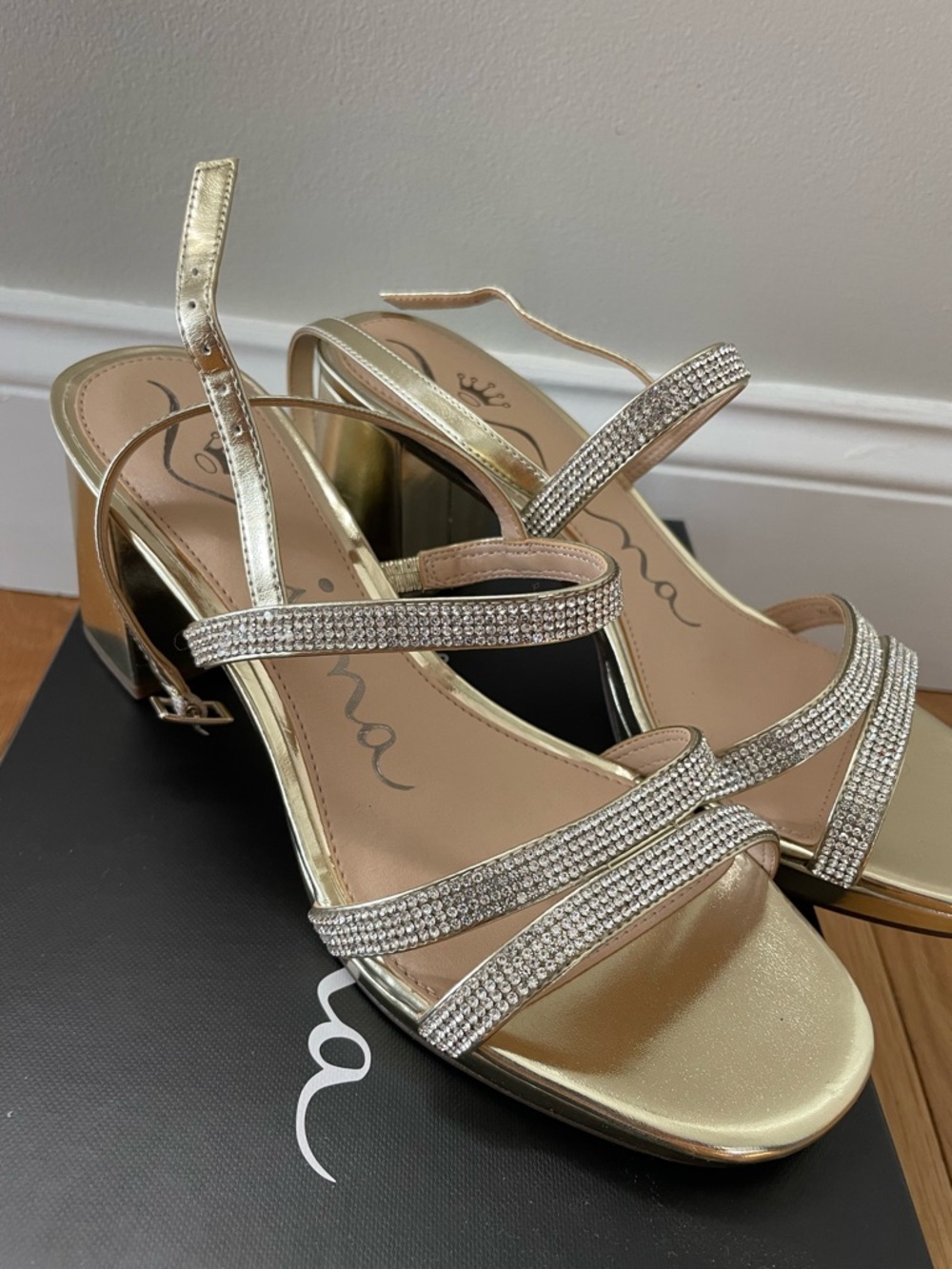 Embellished Gold Slingback Block Heel Sandals NEW